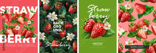 Hand drawn set of designs and patterns. Vectorized gouache illustrations. Illustrations of strawberry with flowers and leaves for poster, prints, menu, card or textile.