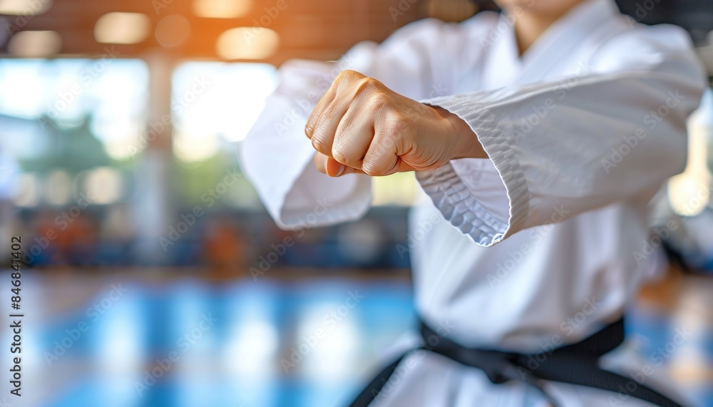 Martial artist s striking fist in close up, capturing impact moment olympic sport concept Martial artist s striking fist in close up, capturing impact moment olympic sport concept
