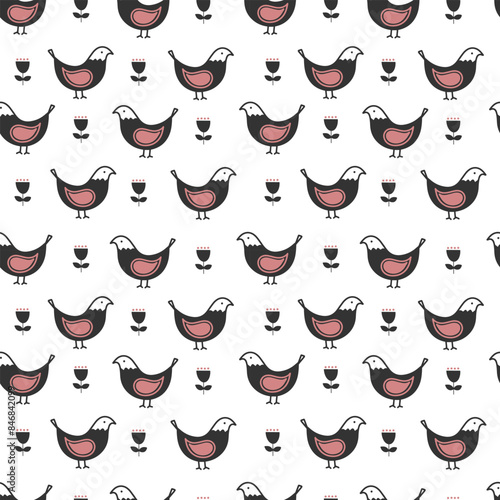 Monochrome seamless pattern with folk birds. Simple abstract background