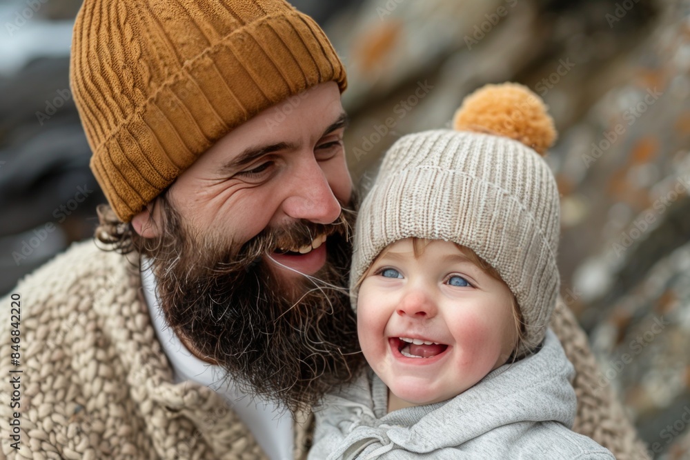 Obraz premium A happy father and child are outside on a cold day, wearing warm knit hats and coats, smiling and laughing together