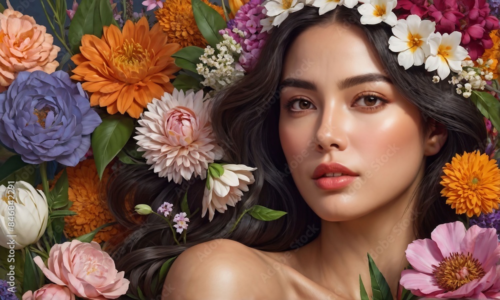 Beautiful young woman on colorful flowers background
