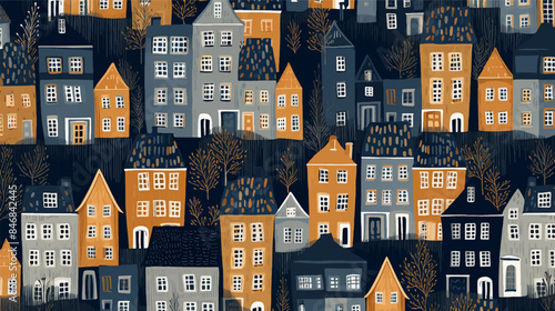 Hand drawn seamless pattern with big city New York. Vector vintage illustration with NYC architecture, skyscrapers, megapolis, buildings, downtown and night scape vector illustration