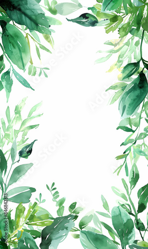 Watercolor frame with fresh greenery. Summertime background. Vector botanical illustration