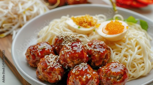 Indonesian Famous Foodstreet Bakso Meatballs served with noodles and rice noodles. Generative Ai photo