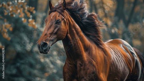 Powerful brown horse in mid-gallop, captured in a close-up portrait against a forest background, highlighting its intensity photo