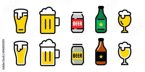 夏に飲みたい冷たいビール、かわいい生ビール、缶ビール、ベクターイラストカラー素材