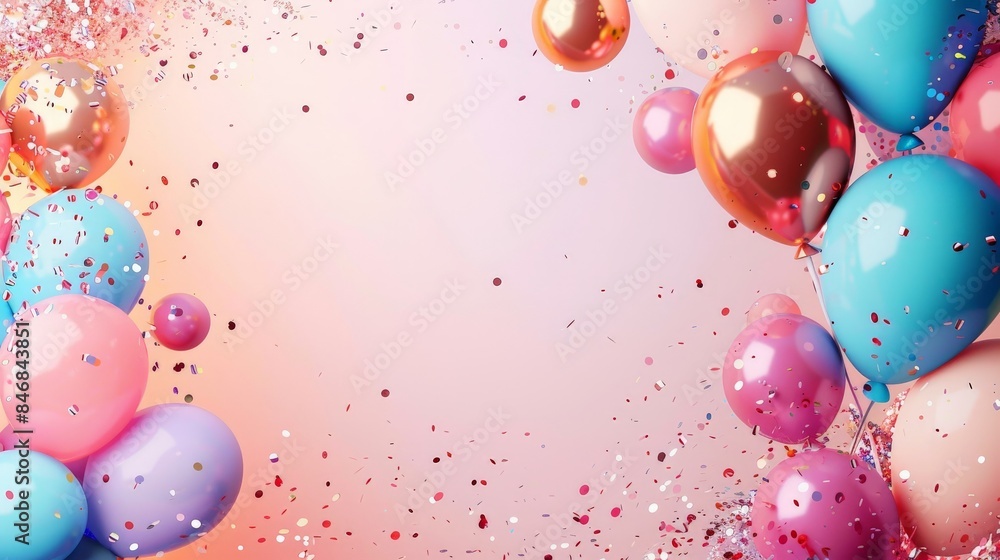Bright banner with balloons, confetti, poster with copy space.
Bright banner with balloons, confetti, poster with copy space.