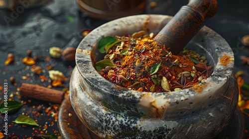 A close-up image of a marble mortar and pestle filled with a colorful blend of spices, including cinnamon, cloves, cardamom, and coriander. Generative AI