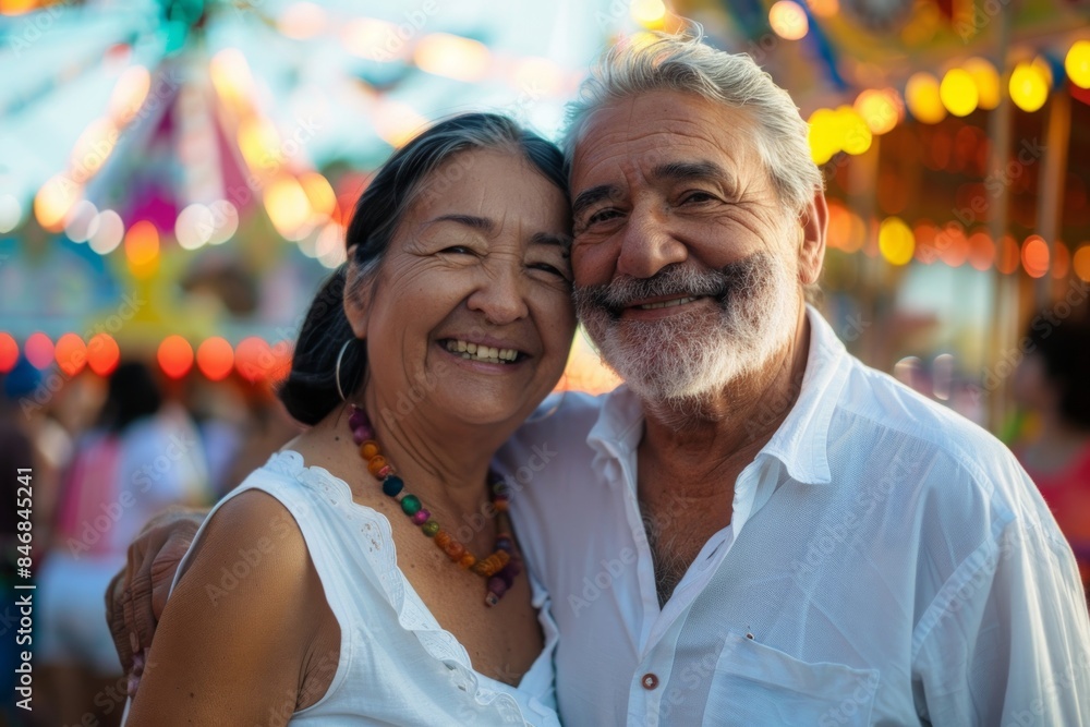 Portrait of a grinning multicultural couple in their 60s wearing a classic white shirt in lively amusement park background Portrait of a grinning multicultural couple in their 60s wearing a classic white shirt in lively amusement park background