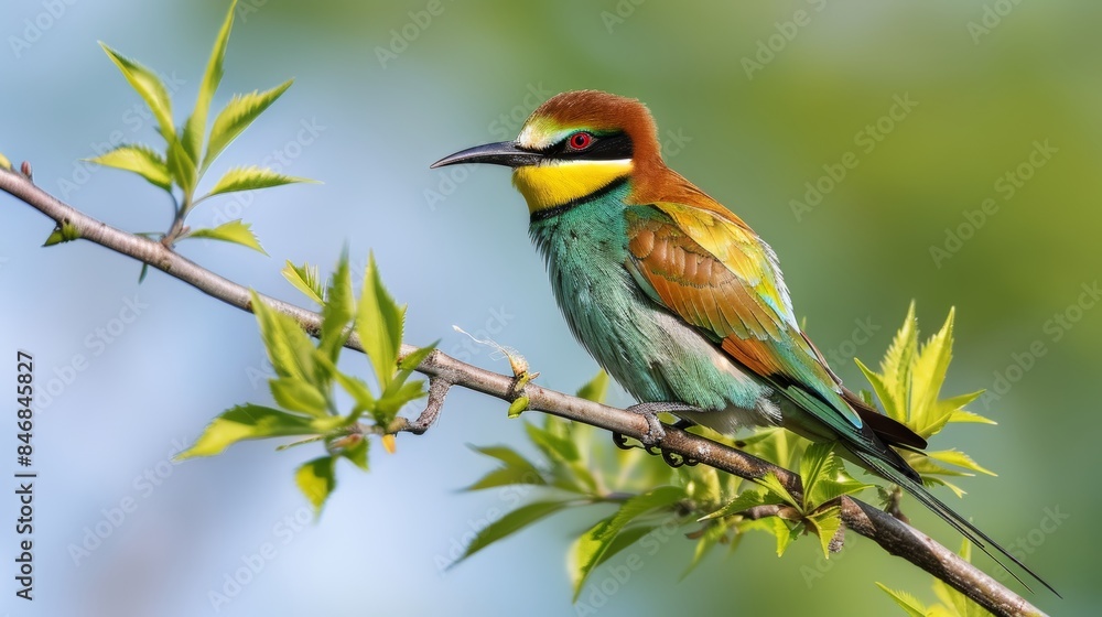 Colorful bird perched on a tree branch with vibrant green foliage in the background Colorful bird perched on a tree branch with vibrant green foliage in the background