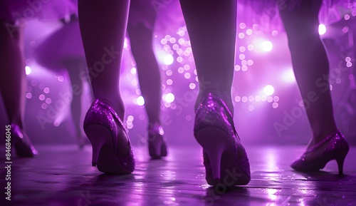 Dance performance of women in violet costumes and shoes on the stage, closeup of legs with a blurred background and spotlights