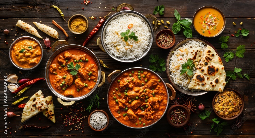 Indian curry spice food in bowl. Traditional asian fried vegetable dinner with rice, chicken, bread and sauce in dish. Rustic wooden table. Indian curry spice food in bowl. Traditional asian fried vegetable dinner with rice, chicken, bread and sauce in dish. Rustic wooden table.