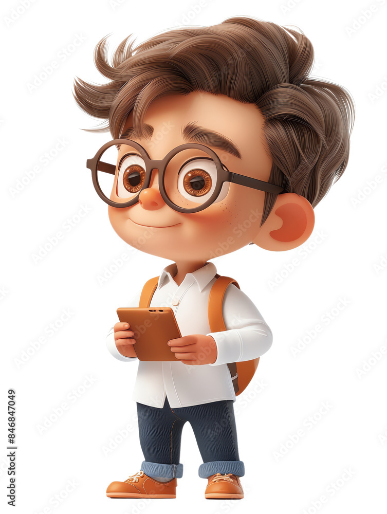 Cute cartoon student character with glasses, wearing a backpack, holding a tablet, dressed in casual attire, isolated on white.