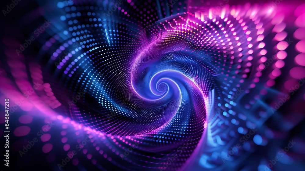 Abstract digital background with neon dots in a spiral shape on a black backdrop. Abstract digital background with neon dots in a spiral shape on a black backdrop.