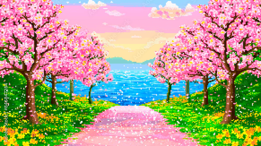 pixel art of cherry blossom trees along the path, with grass and flowers on both sides, leading to lake in background pixel art of cherry blossom trees along the path, with grass and flowers on both sides, leading to lake in background