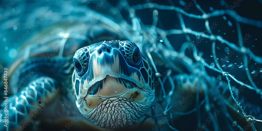 Obraz premium Focused image of a turtle trapped in a fishing net in the sea. Concept Marine Life, Environmental Conservation, Wildlife Protection, Ocean Pollution, Nature Photography