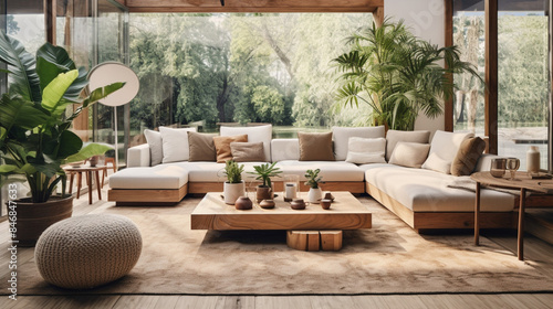 A large spacious living room in a modern style. Interior with a large gray sofa, coffee table, big windows, fireplace in front of the sofa in stylish home decor