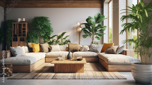 A large spacious living room in a modern style. Interior with a large gray sofa, coffee table, big windows, fireplace in front of the sofa in stylish home decor