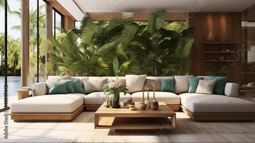 A large spacious living room in a modern style. Interior with a large gray sofa, coffee table, big windows, fireplace in front of the sofa in stylish home decor