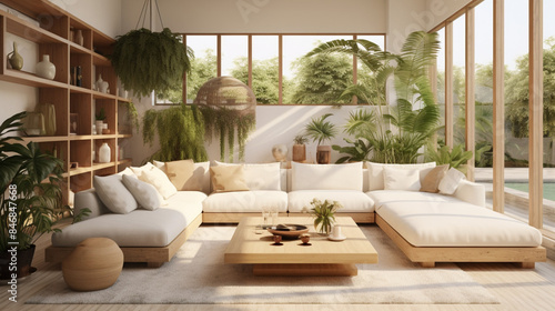 A large spacious living room in a modern style. Interior with a large gray sofa, coffee table, big windows, fireplace in front of the sofa in stylish home decor