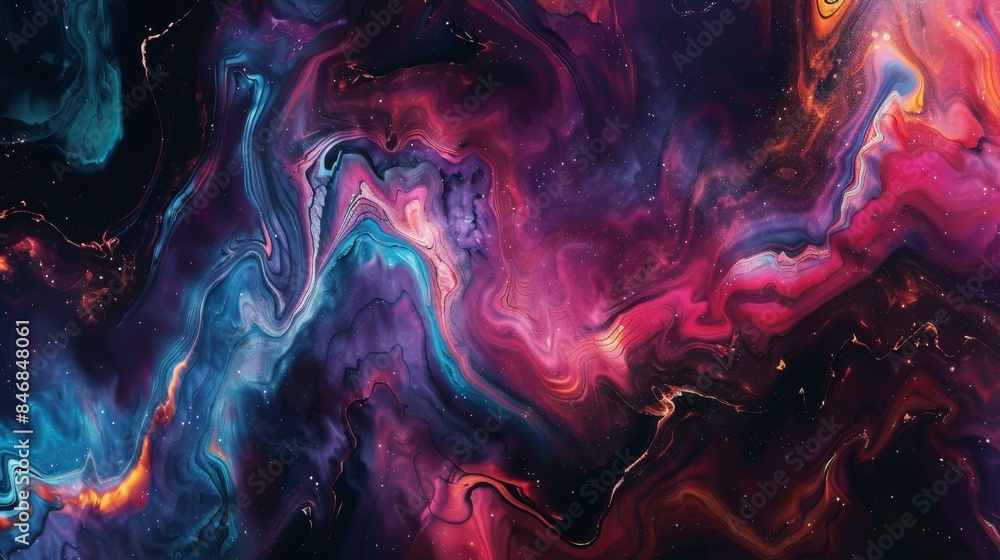 Abstract patterns from vibrant fluid art in purples, pinks, and blacks create a captivating visual experience Abstract patterns from vibrant fluid art in purples, pinks, and blacks create a captivating visual experience