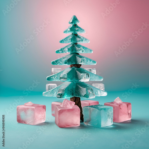 Conceptual image of a Christmas tree made of ice with melting ice cubes on a gradient background photo