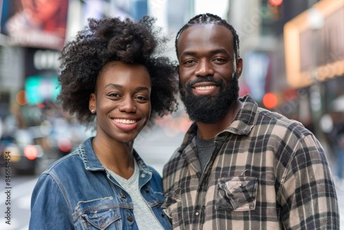 Portrait of a satisfied afro-american couple in their 30s wearing a comfy flannel shirt in bustling city street background