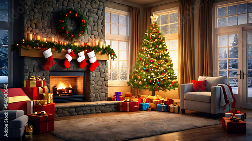 Holiday illumination and decoration concept - christmas garland bokeh lights over dark blue background, a cozy living room with a fireplaceling in the background, Illustration
