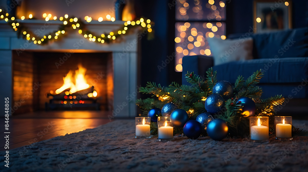Holiday illumination and decoration concept - christmas garland bokeh lights over dark blue background, a cozy living room with a fireplaceling in the background, Illustration Holiday illumination and decoration concept - christmas garland bokeh lights over dark blue background, a cozy living room with a fireplaceling in the background, Illustration