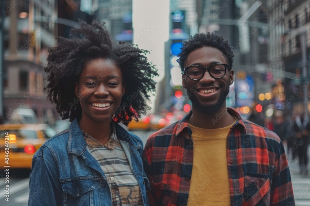 Portrait of a satisfied afro-american couple in their 30s wearing a comfy flannel shirt while standing against bustling city street background Portrait of a satisfied afro-american couple in their 30s wearing a comfy flannel shirt while standing against bustling city street background