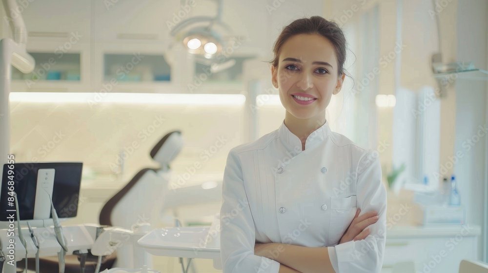 A young smiling woman in a white dental hygienist uniform standing in professional dental clinic A young smiling woman in a white dental hygienist uniform standing in professional dental clinic