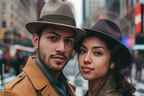 Portrait of a glad couple in their 20s donning a classic fedora in bustling city street background © Markus Schröder