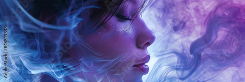 Celestial Goddess Shrouded in Ethereal Blue and Purple Smoke:A Mystical and Spiritual Digital Art Piece Depicting a Powerful,Graceful Deity in a Minimalist,Surreal Backdrop.