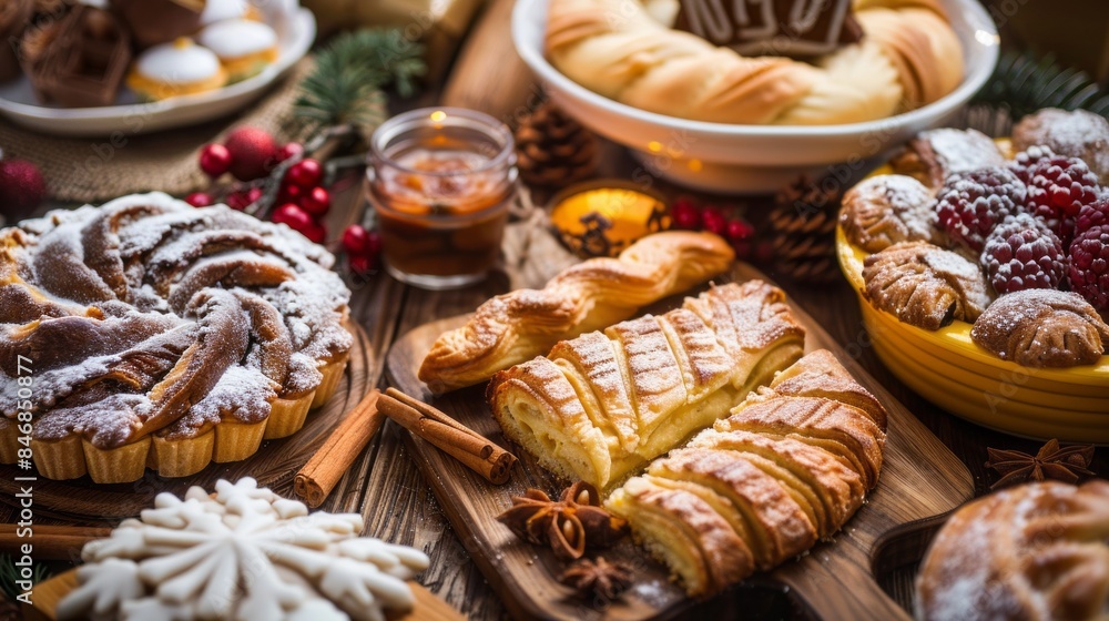 A table full of pastries and desserts, including a cinnamon roll A table full of pastries and desserts, including a cinnamon roll