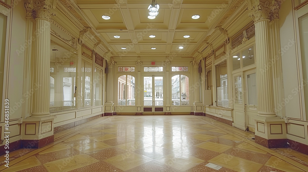 A large, empty room with a lot of windows and a lot of light A large, empty room with a lot of windows and a lot of light