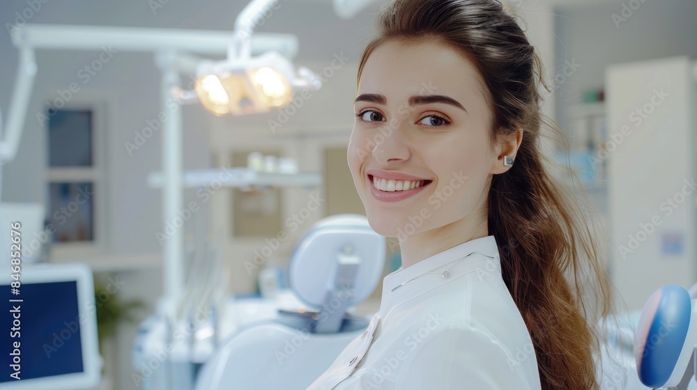 A young smiling woman in a white dental hygienist uniform standing in professional dental clinic A young smiling woman in a white dental hygienist uniform standing in professional dental clinic