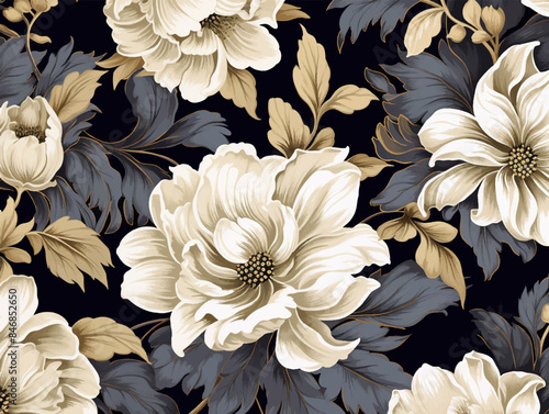 Seamless pattern with luxury flowers and leaves. Hand drawn vintage or classic background. Botanical floral pattern for wallpaper or fabric