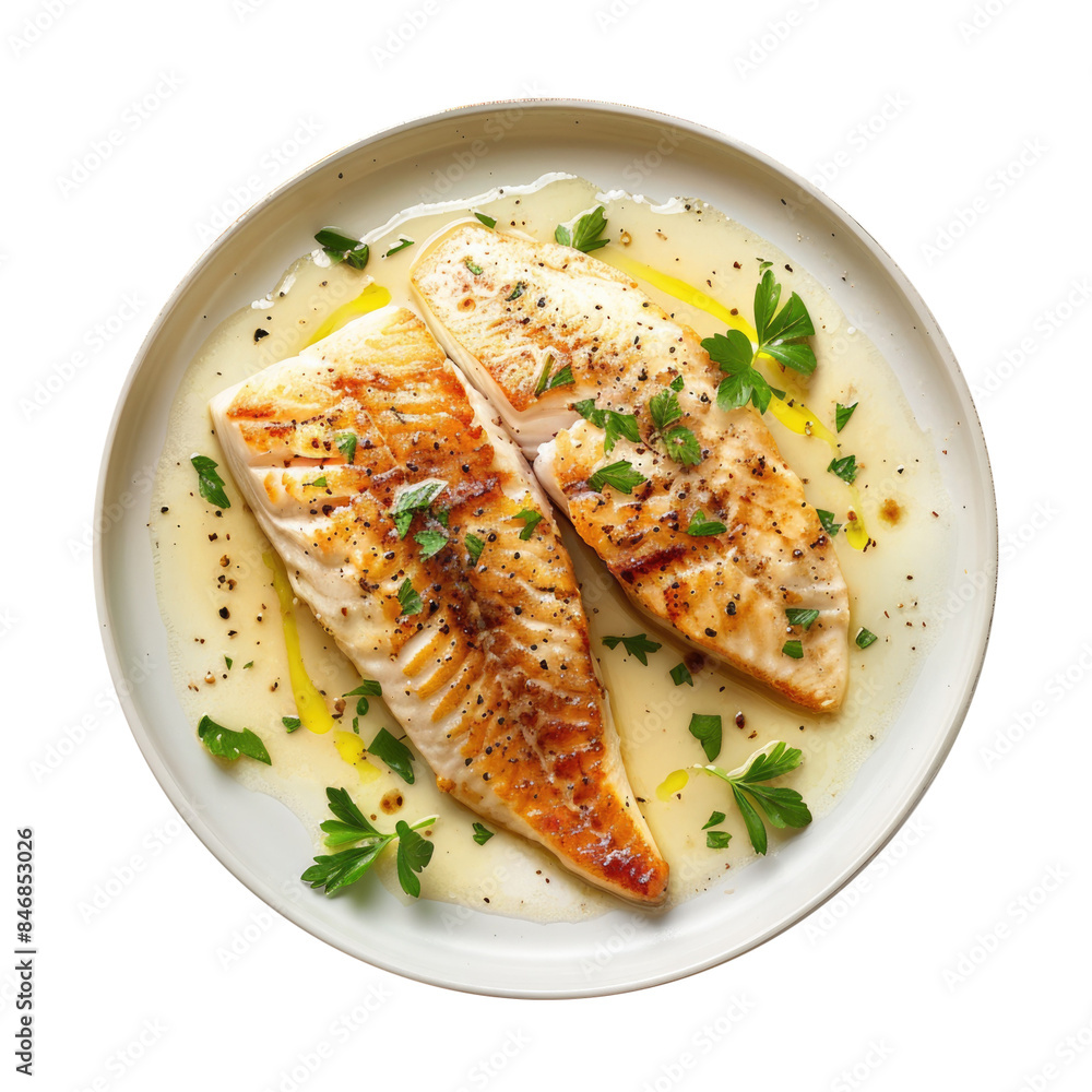 A Plate of Beef Baked Fish with Garlic Sauce Isolated on a Transparent Background A Plate of Beef Baked Fish with Garlic Sauce Isolated on a Transparent Background