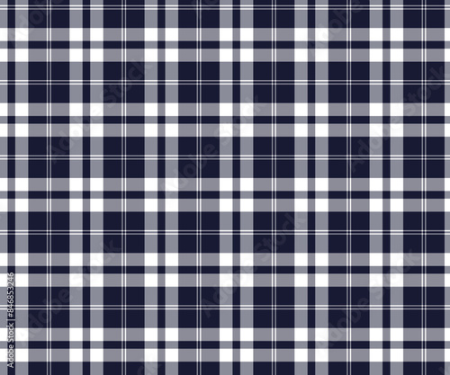 Plaid pattern, navy blue, white, seamless for textiles, and for designing clothing, skirts, pants or decorative fabric. Vector illustration.