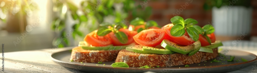 Avocado toast with tomato and herbs on a white plate. Avocado toast with tomato and herbs on a white plate.