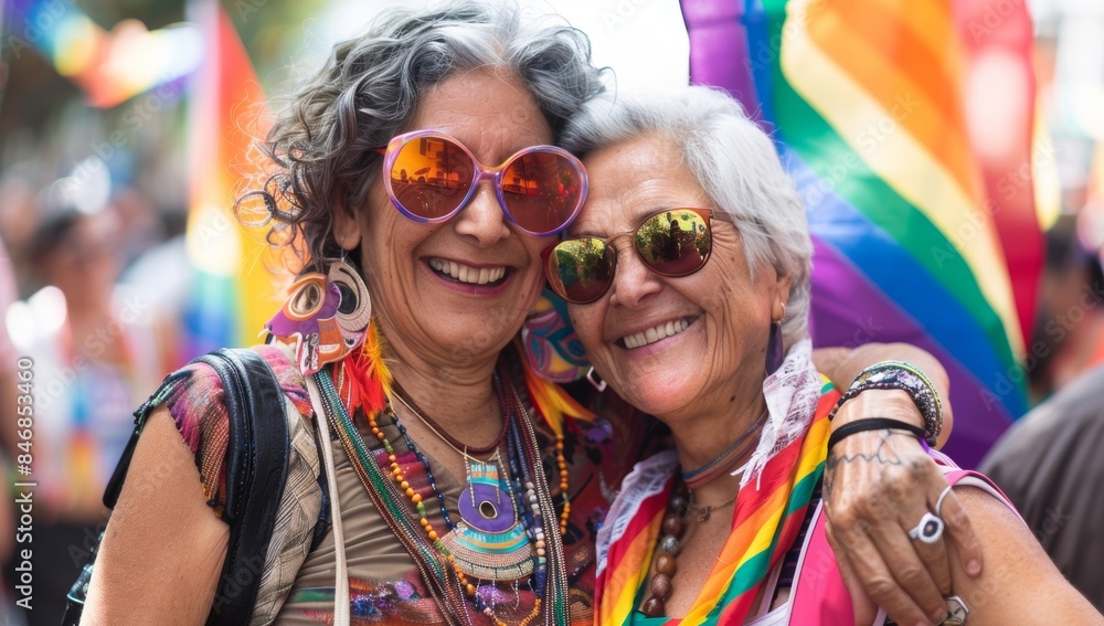 A happy senior lesbian couple hugging and smiling at the LGBTQ+ pride A happy senior lesbian couple hugging and smiling at the LGBTQ+ pride