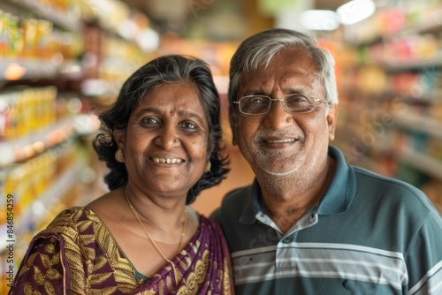 Portrait of a smiling indian couple in their 50s donning a classy polo shirt in front of busy supermarket aisle background