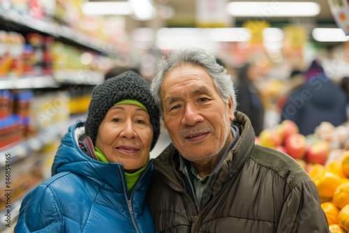 Portrait of a content mixed race couple in their 60s dressed in a water-resistant gilet isolated on busy supermarket aisle background