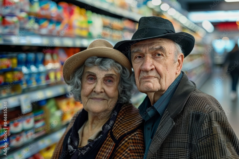 Portrait of a glad couple in their 70s donning a classic fedora on busy supermarket aisle background Portrait of a glad couple in their 70s donning a classic fedora on busy supermarket aisle background