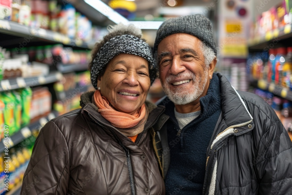 Portrait of a happy multicultural couple in their 70s wearing a versatile buff isolated on busy supermarket aisle background Portrait of a happy multicultural couple in their 70s wearing a versatile buff isolated on busy supermarket aisle background
