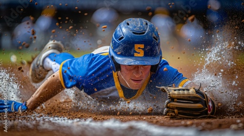 A baseball player wearing a blue helmet and jersey slides into a base during a game.