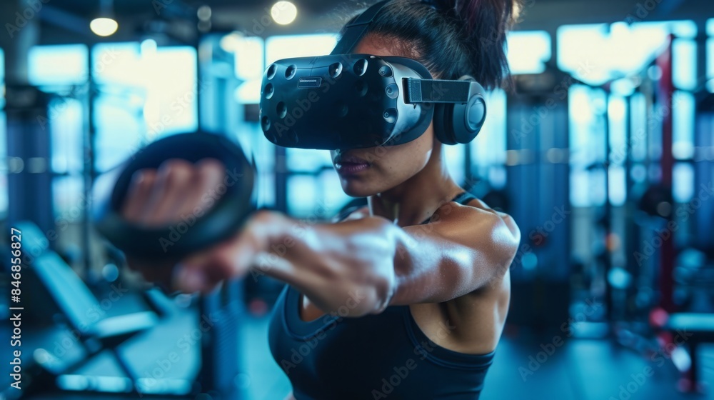 A woman wearing a virtual reality headset works out with a dumbbell at a gym. A woman wearing a virtual reality headset works out with a dumbbell at a gym.