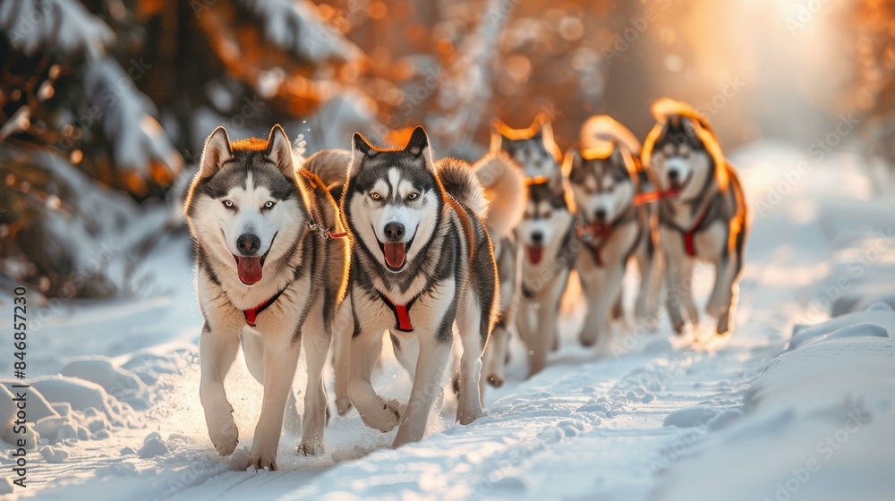 A group of husky dogs running together in the snow, with trees in the background. They are wearing red collars and seem to be enjoying their time outdoors. A group of husky dogs running together in the snow, with trees in the background. They are wearing red collars and seem to be enjoying their time outdoors.