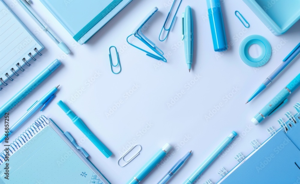 Assorted blue stationery including notebooks, pens, and paper clips on a pastel background Assorted blue stationery including notebooks, pens, and paper clips on a pastel background