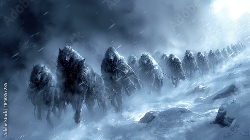 A group of wolves walking through the snow, with some of them wearing saddles. The wolves are in a line and appear to be moving together. photo